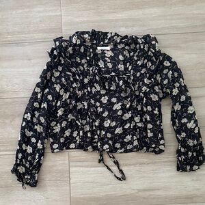 Doen Black Floral Ruffle Tie-Front Crop Top